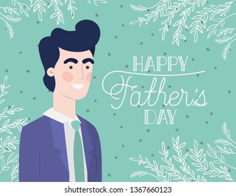 happy fathers day card with dad and leafs plant decoration