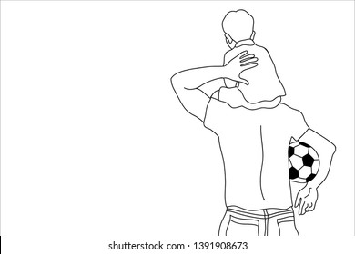 Happy Father's Day Card. Dad and son going to play football. Black and white line drawing style. Template for covers, coloring pages, banners.