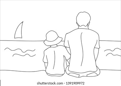 Happy Father's Day Card. Dad and son sitting near the sea. Black and white line drawing style. Template for covers, coloring pages, banners.