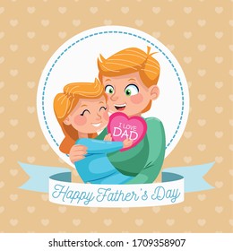 happy fathers day card with dad carring daughter in circular frame vector illustration design