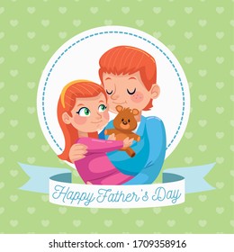 happy fathers day card with dad carring daughter in circular frame vector illustration design