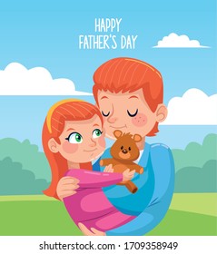 happy fathers day card with dad carring daughter in the camp vector illustration design
