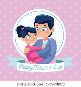 happy fathers day card with dad carring daughter in circular frame vector illustration design