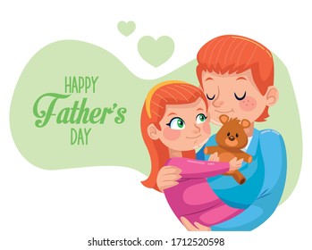 happy fathers day card with dad carring daughter vector illustration design