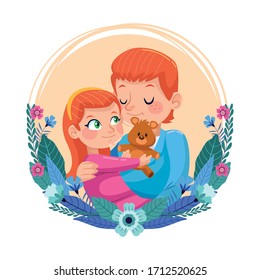 happy fathers day card with dad carring daughter in floral frame vector illustration design