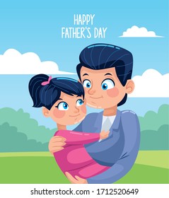 happy fathers day card with dad carring daughter in the camp vector illustration design