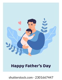 Happy Father's Day card. Happy dad holding his child. Flat vector illustration.