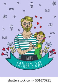 Happy Father's day card with dad and daughter. Vector illustrated card.