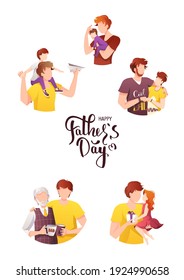 Happy Father's Day card. Dads with their children of different ages. Calligraphy and hand drawn lettering. A4 vector illustration for card, postcard, poster, banner.