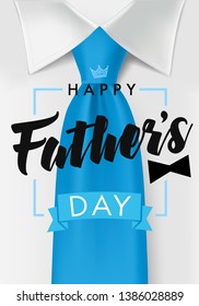 Happy fathers day card with dark teal necktie and black bow. Happy Father's Day text on white shirt background for web banner. Dad my king illustration