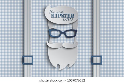 Happy Fathers Day Card Design For Male Event, Banner Or Poster. Checkered Blue Background With Suspenders, Paper Cut Hipster Men's Face Silhouette With Beard, Mustache, Glasses. Vector Illustration