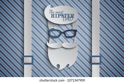 Happy Fathers Day card design for male event, banner or poster. Striped blue background with suspenders, paper cut hipster men's face silhouette with beard, mustache and glasses. Vector illustration