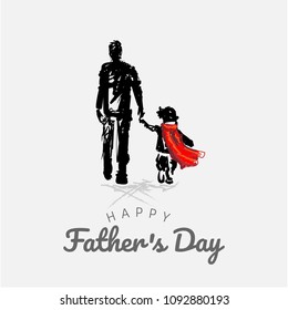 Happy fathers day card design. Template of flyer, banner or poster, silhouette of a father holding his child hand.