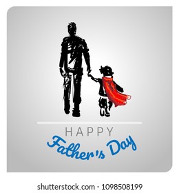 Happy fathers day card design. Template of flyer, banner or poster, silhouette of a father holding his child hand.