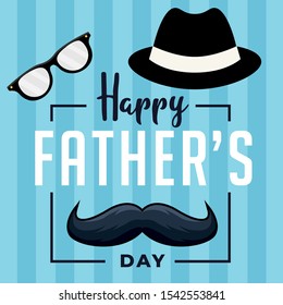 Happy Father's Day Card Design with Hat, Mustache and Glasses on Blue Background