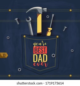 Happy Father's Day card design with tools in the denim pocket, bolts and nuts on the jeans background. Square vector illustration for card, postcard, print, cover, poster, banner.