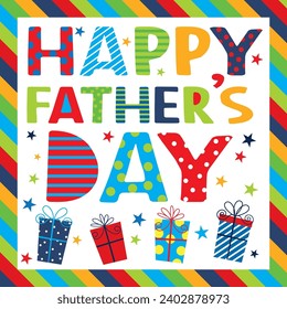 Happy father's day card design with colorful text and gifts