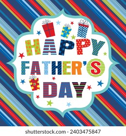 Happy father's day card design with colorful text and gifts