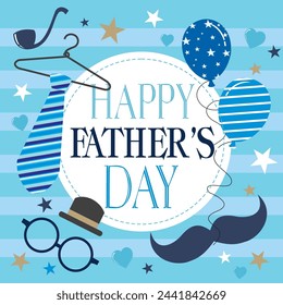 Happy father's day card design with lettering, tie, balloon, mustache, glasses and hat