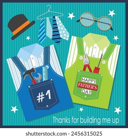 Happy father's day card design with shirt, hat, tie and glasses