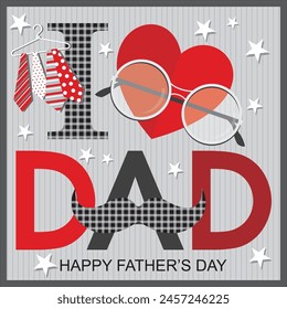 Happy father's day card design with lettering, glasses, neck tie and heart