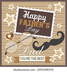 Happy Father's day card design with lettering, mustache, glasses and stars