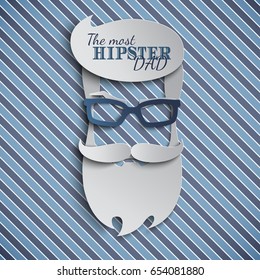 Happy Fathers Day card design for male event, banner or poster. Striped blue background with paper cut hipster men's face silhouette with beard, mustache and blue glasses. Vector illustration