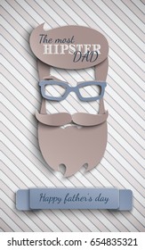 Happy Fathers Day card design for male event, banner or poster. Striped background with paper cut hipster men's bearded face with mustache, glasses. Congratulation text on ribbon. Vector illustration