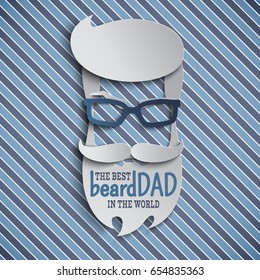 Happy Fathers Day card design for male event, banner or poster. Striped blue background with paper cut hipster men's face silhouette with beard, mustache and blue glasses. Vector illustration