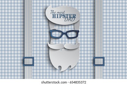 Happy Fathers Day card design for male event, banner or poster. Checkered blue background with suspenders, paper cut hipster men's face silhouette with beard, mustache, glasses. Vector illustration