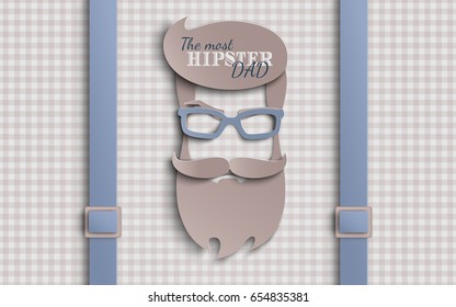 Happy Fathers Day card design for male event, banner or poster. Checkered beige background with suspenders, paper cut hipster men's face silhouette with beard, mustache, glasses. Vector illustration