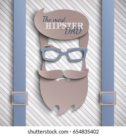 Happy Fathers Day card design for male event, banner, poster. Striped beige background with suspenders, paper cut hipster men's face silhouette with beard, mustache, blue glasses. Vector illustration