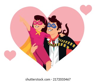 Happy Father's Day card. Father and daughter playing superheroes dressed in costumes. Cheerful cartoon characters. vector illustration.
