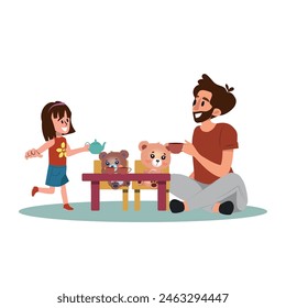 Happy Father's Day card. Father and daughter playing tea party. Cool daddy plays with his little daughter. Vector illustration.