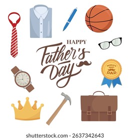 Happy Father's Day card with flat male accessories like bow tie, watch, shoes and glasses, perfect for celebration, greeting or printable decoration