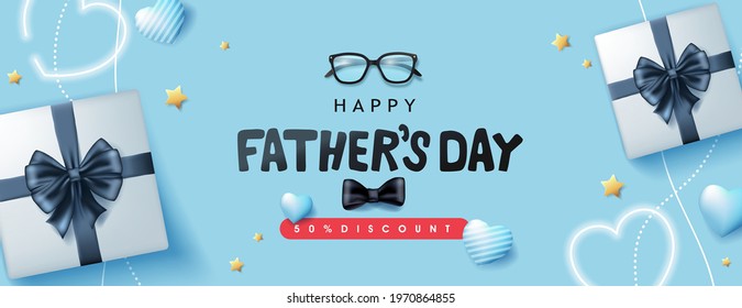 Happy Father's Day card with gift box for dad on blue background