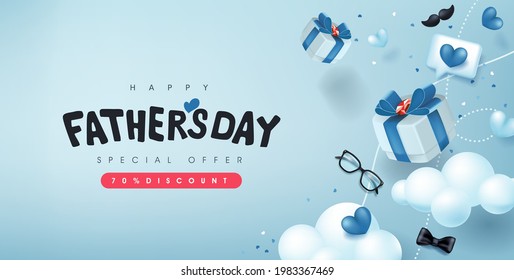 Happy Father's Day card with gift box for dad on blue background