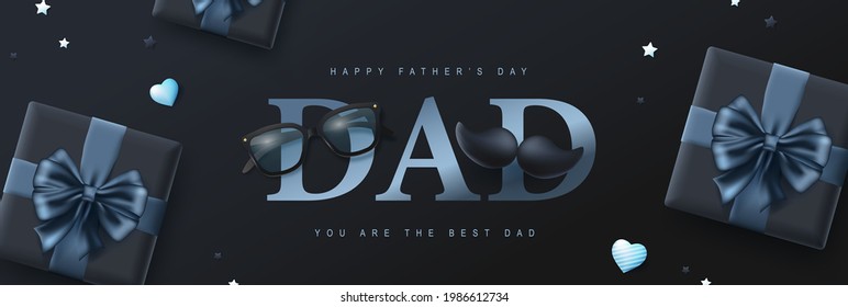 Happy Father's Day card with gift box on dark background 