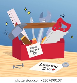 Happy Father's Day card with hand tools on a wooden table