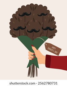 Happy Father's Day Card with Hand Holding a Mustache Bouquet