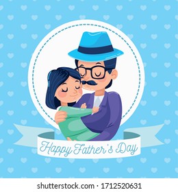 happy fathers day card with hipster dad carring daughter frame vector illustration design