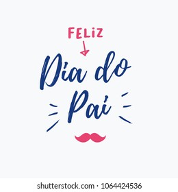 Happy fathers day card with icons mustache. Portuguese version. Editable vector design.