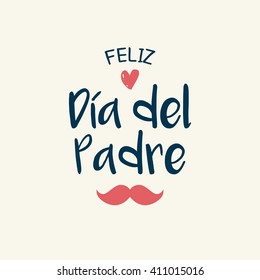 Feliz día del padre con íconos de corazón y bigote. Versión en español.