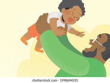 Feliz vector de ilustración de la tarjeta del día del padre. Amo padre negro cargando a su hijo pequeño. Familia afroamericana con padre e hijo jugando juntos. 