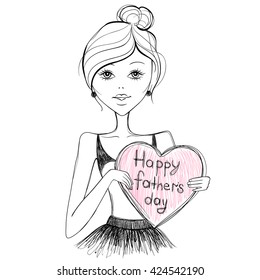 Happy Father's day card lovely girl with heart. Creative concept. Sketch style.