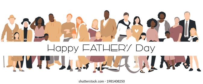 Happy Father's Day card. Multicultural group of mothers and fathers with kids. Flat vector illustration.