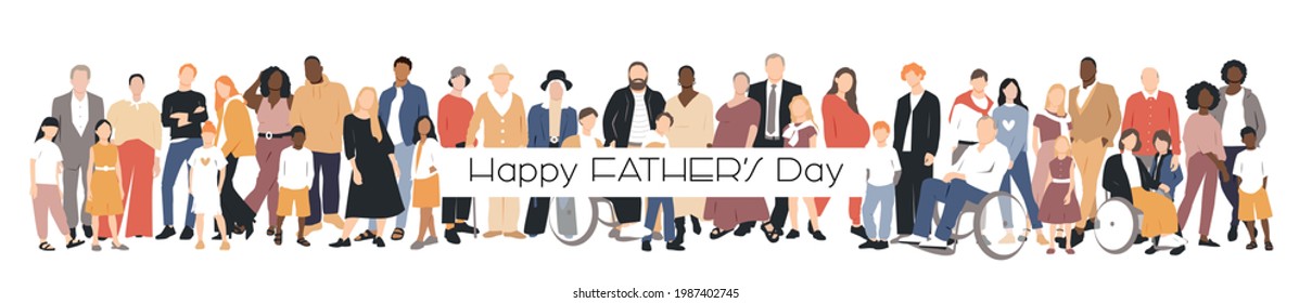 Happy Father's Day card. Multicultural group of mothers and fathers with kids. Flat vector illustration.