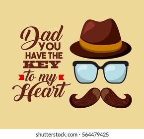 happy father's day card with mustache, glasses and hat icons. colorful design. vector illustration
