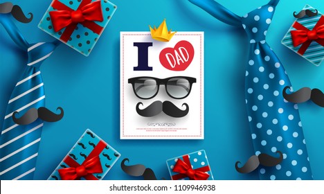 Happy Father's Day card with necktie,glasses and gift box for dad on blue background.Greetings and presents for Father's Day.Vector illustration EPS10