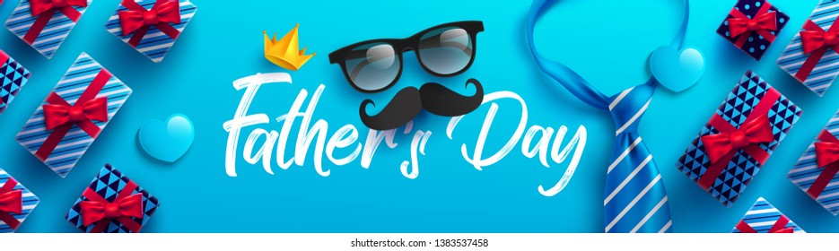 Happy Father's Day card with necktie,glasses and gift box for dad on blue.Promotion and shopping template for Father's Day.Vector illustration EPS10